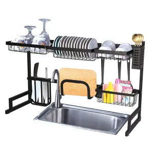 2 Tier Over Sink Dish Drying Rack 35"L with Multiple Baskets Utensil Holder Cup Holder