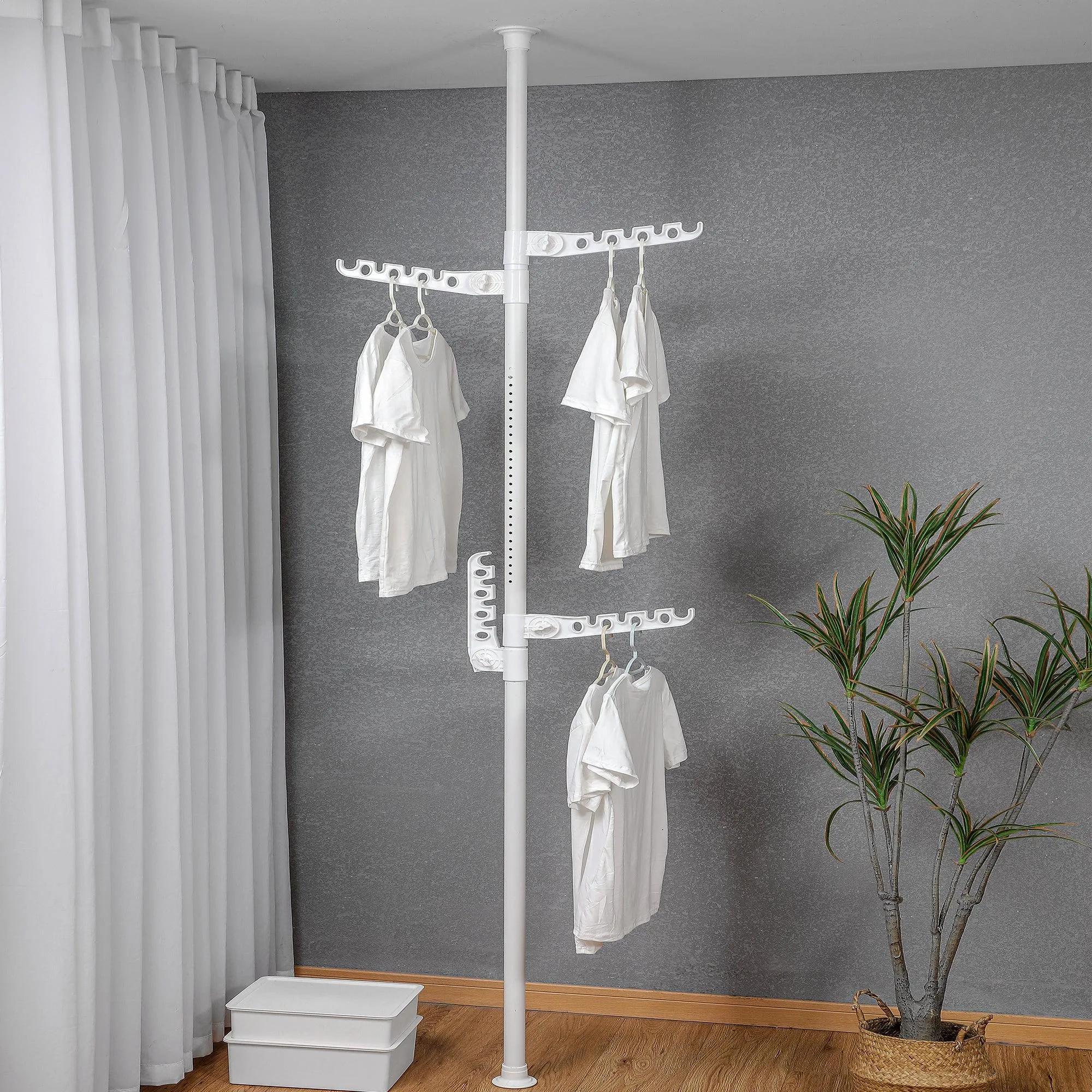 Adjustable Laundry Pole Clothes Drying Rack Coat Hanger DIY Floor to Ceiling Tension Rod Storage Organizer for Indoor, Balcony - White