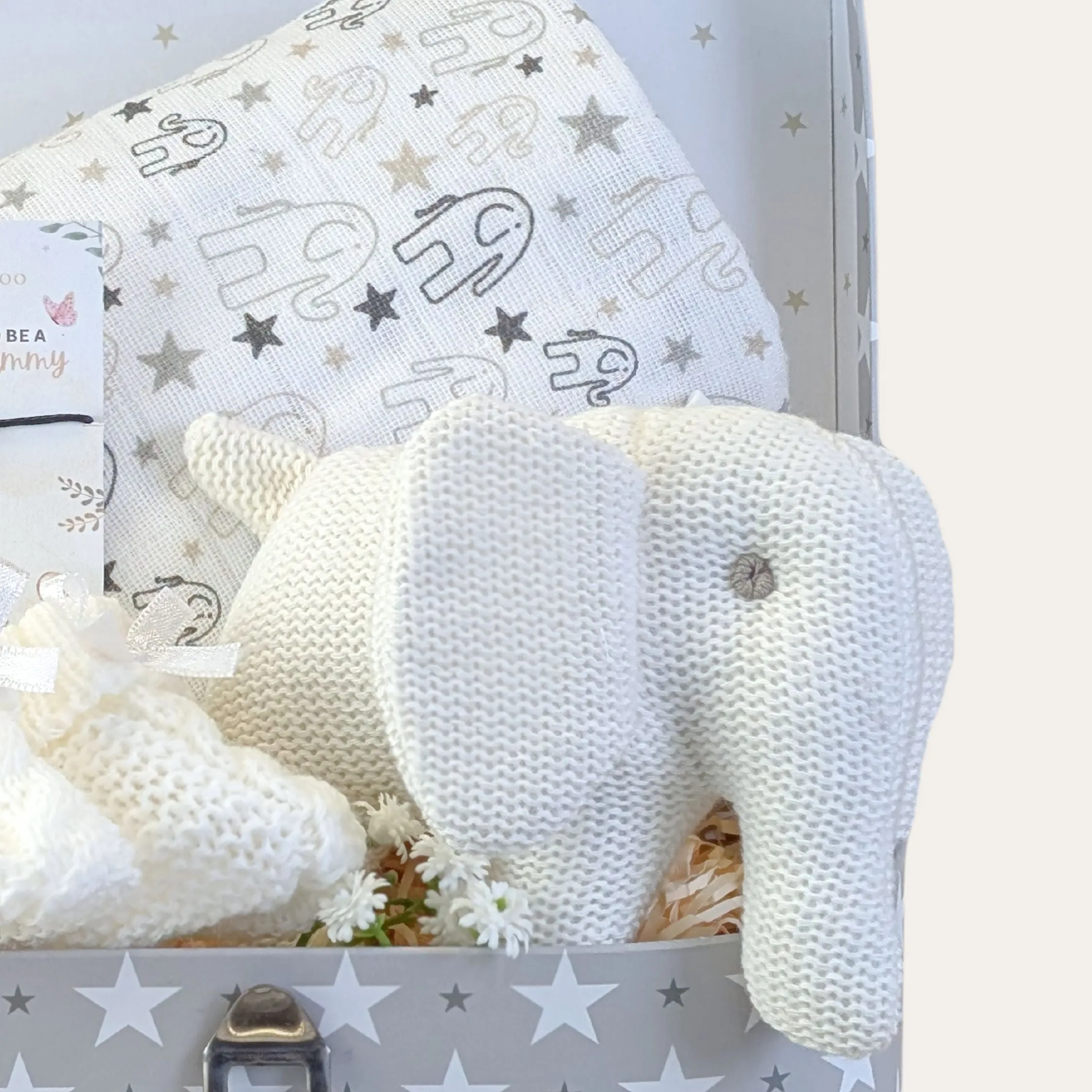 Baby Shower Gifts Hamper White Organic Knit Elephant