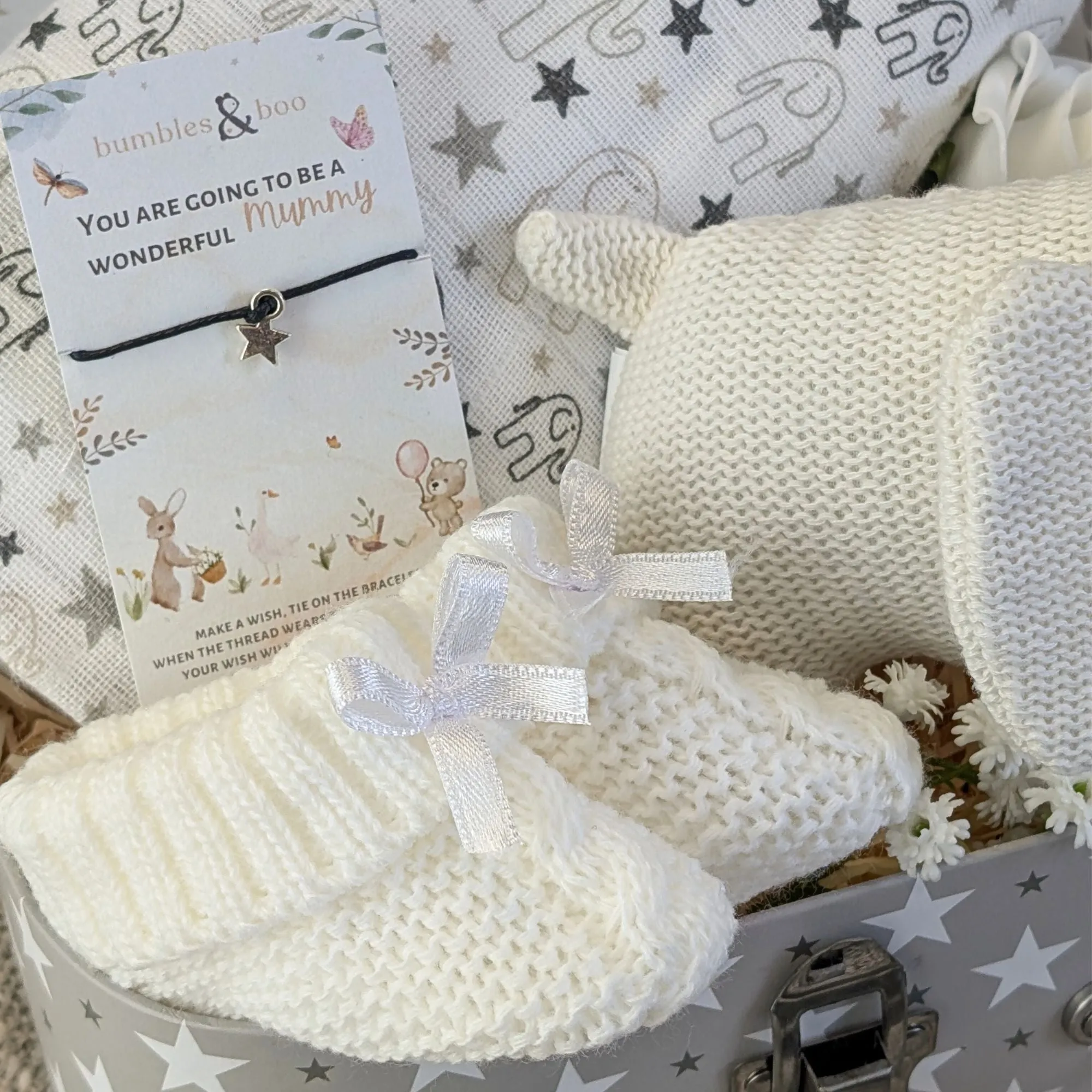 Baby Shower Gifts Hamper White Organic Knit Elephant