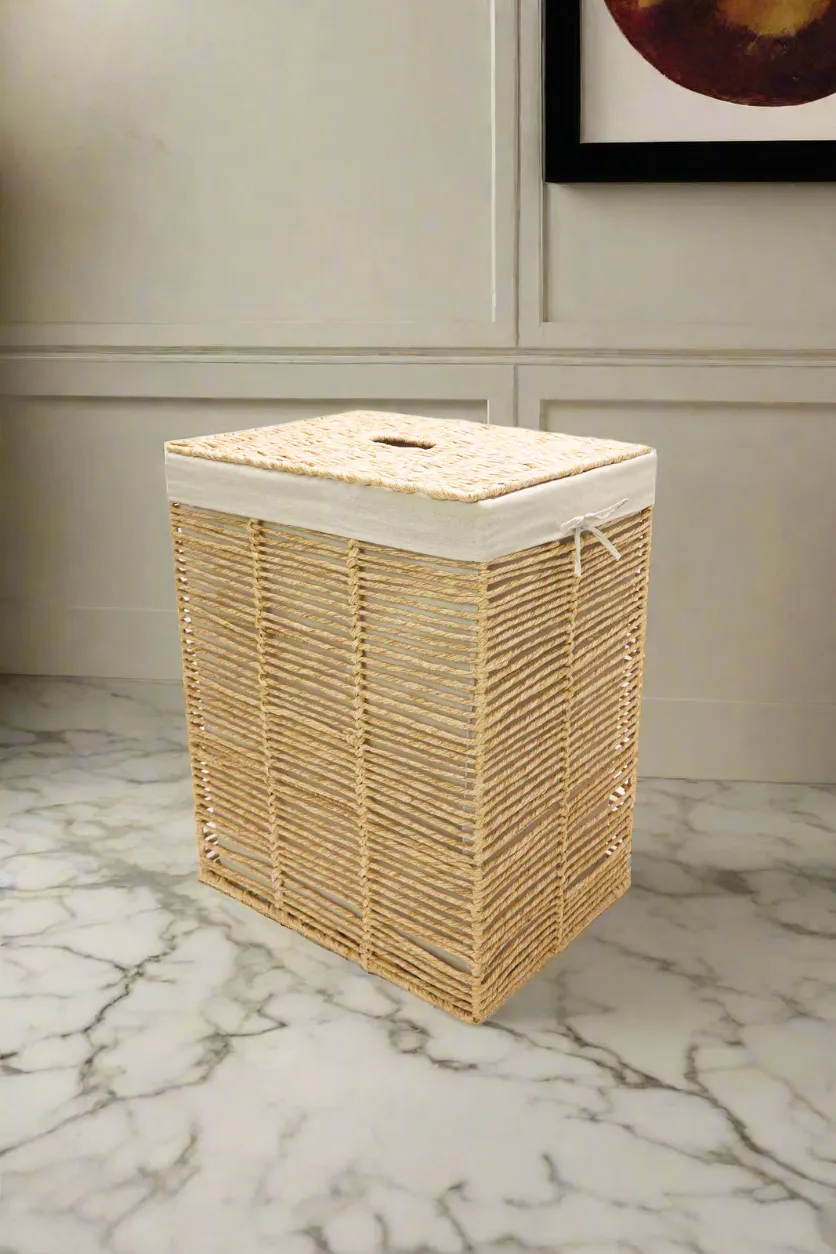 Beige Rectangle Laundry Hamper With Lid & Lining (Medium)