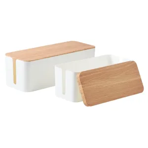 Cable Management Box Set with Bamboo Lids, 2 Sizes (White)