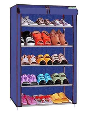 FLIPZON Multipurpose 5 Shelves Shoe Rack with Zip Door Cover & Side Pockets, Multiuse Wide Shelve Storage Rack for footwear, Toys, clothes with Dustproof Cover (5 Shelves) (Blue, Plastic, Metal)