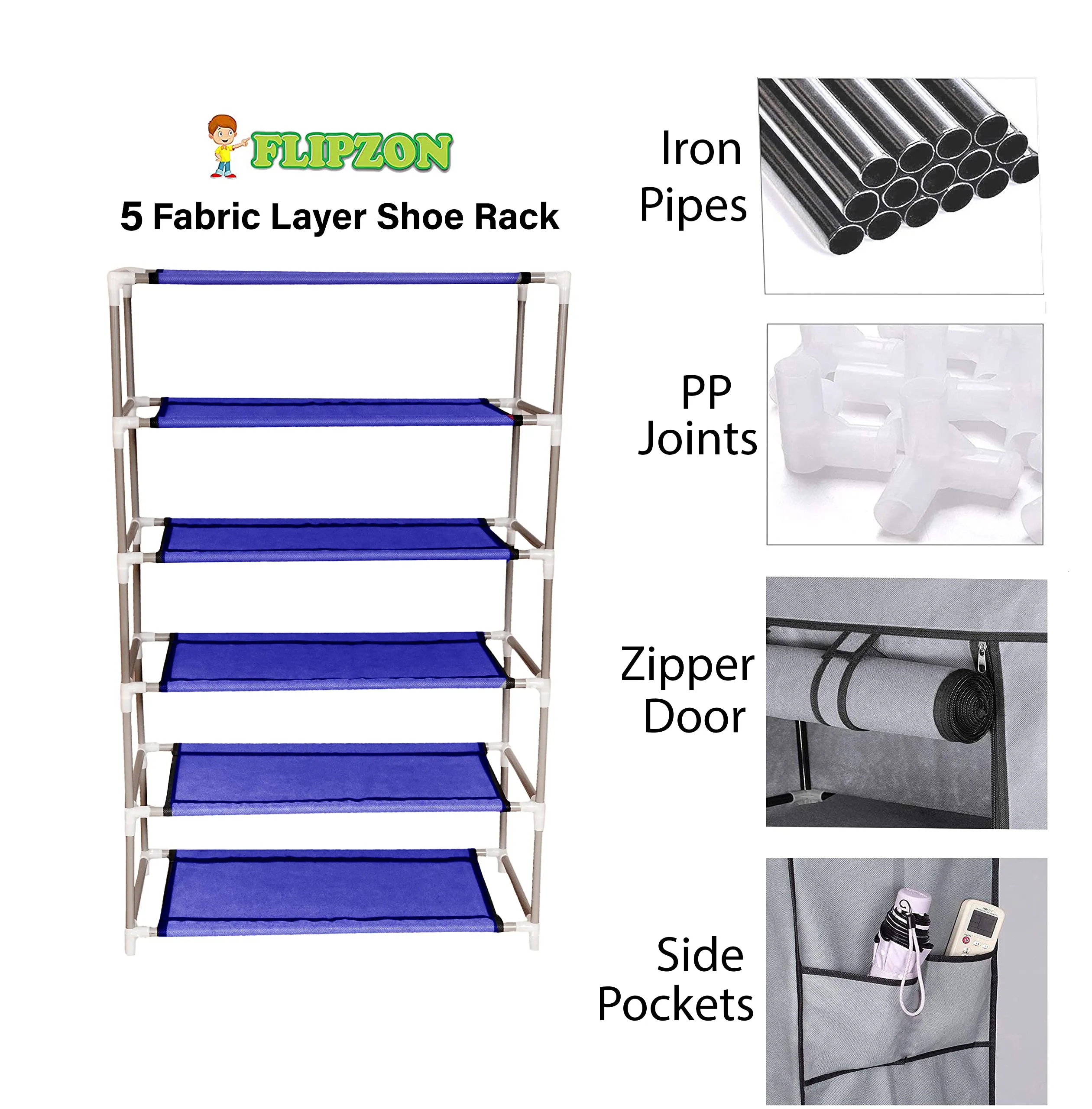 FLIPZON Multipurpose 5 Shelves Shoe Rack with Zip Door Cover & Side Pockets, Multiuse Wide Shelve Storage Rack for footwear, Toys, clothes with Dustproof Cover (5 Shelves) (Blue, Plastic, Metal)