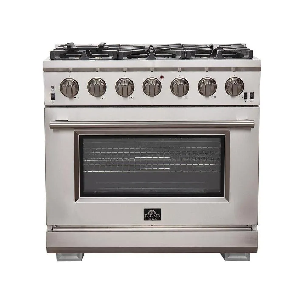 Forno 36" Gas Range, Wall Mount Hood with Backsplash, 36" French Door Refrigerator and Stainless Steel Dishwasher Pro Appliance Package