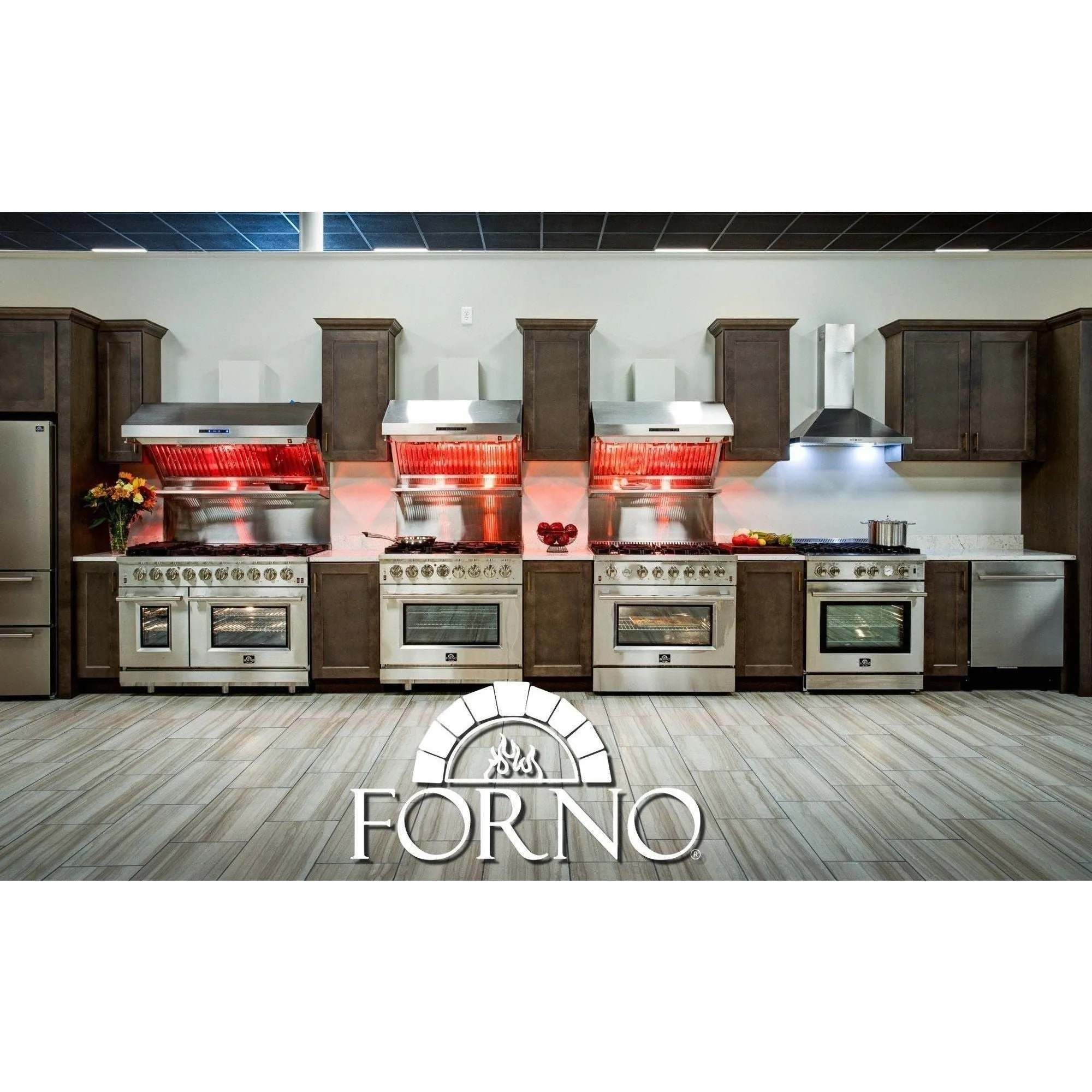 Forno 36" Gas Range, Wall Mount Hood with Backsplash, 36" French Door Refrigerator and Stainless Steel Dishwasher Pro Appliance Package