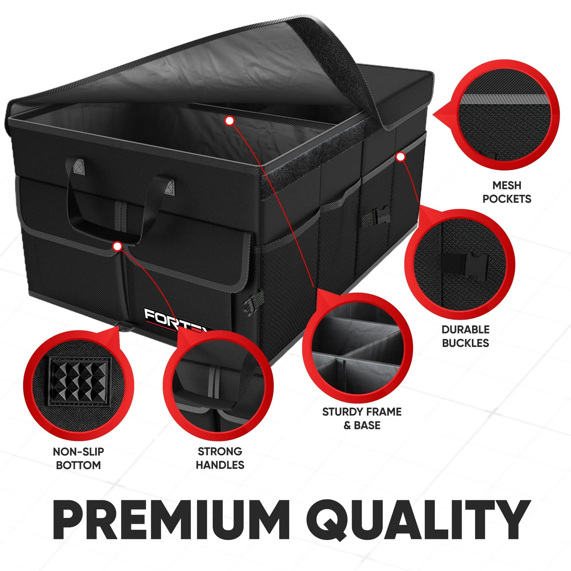 FORTEM Car Trunk Organizer, Collapsible Multi Compartment Car Organizer, Foldable SUV Storage for Car Accessories