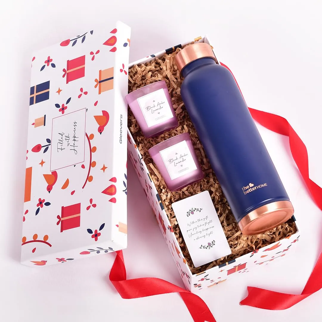 Gleevers Gift Set for Housewarming, Diwali |Gift Box of 3 with Copper Bottle(Grey, 1 LTR) & 2 Candles (60gm) | Gift for Housewarming, Secret Santa Gifts