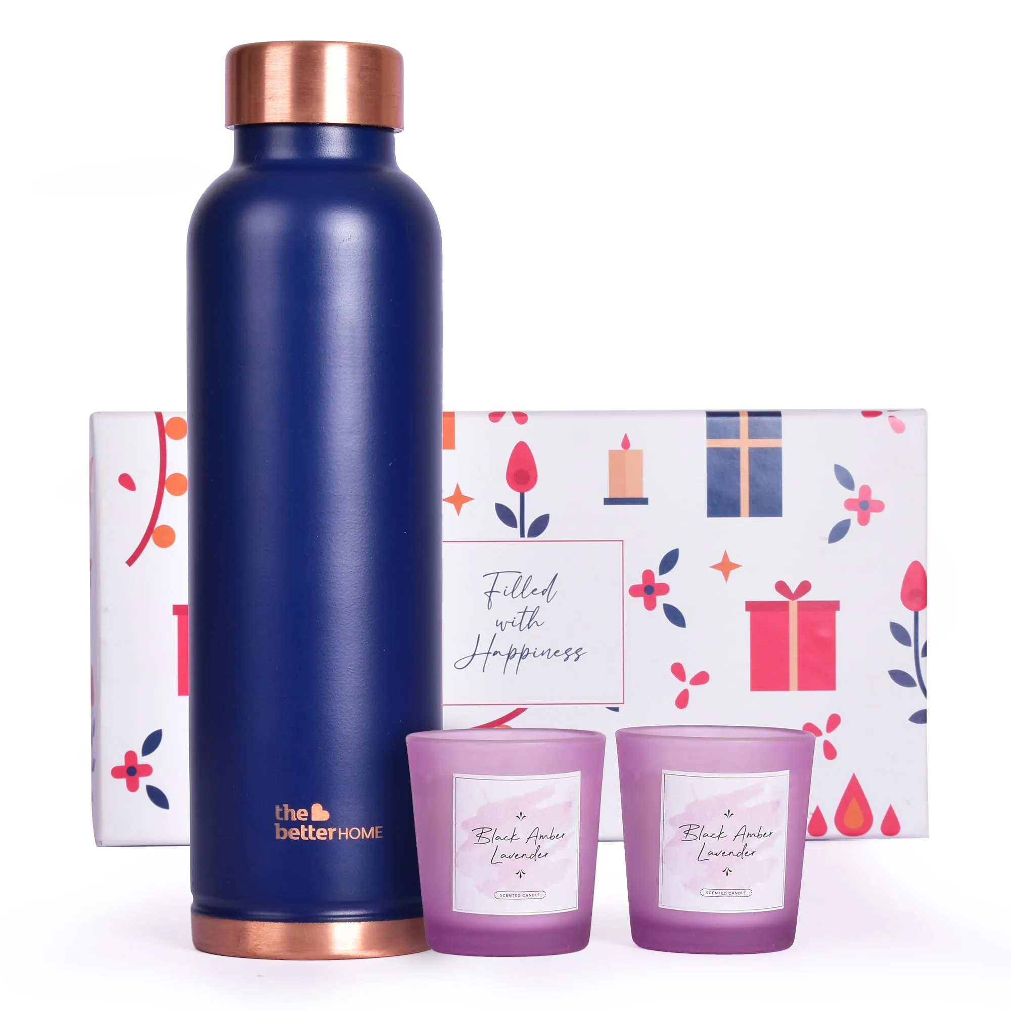 Gleevers Gift Set for Housewarming, Diwali |Gift Box of 3 with Copper Bottle(Grey, 1 LTR) & 2 Candles (60gm) | Gift for Housewarming, Secret Santa Gifts