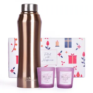 Gleevers Gift Set for Housewarming, Diwali |Gift Box of 3 with Steel Bottle (Gold,1 LTR) & 2 Candles(Lavender,60g) | Gift for Housewarming, Secret Santa Gifts