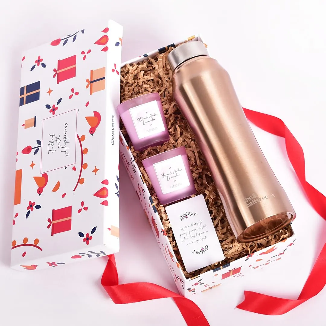 Gleevers Gift Set for Housewarming, Diwali |Gift Box of 3 with Steel Bottle (Gold,1 LTR) & 2 Candles(Lavender,60g) | Gift for Housewarming, Secret Santa Gifts