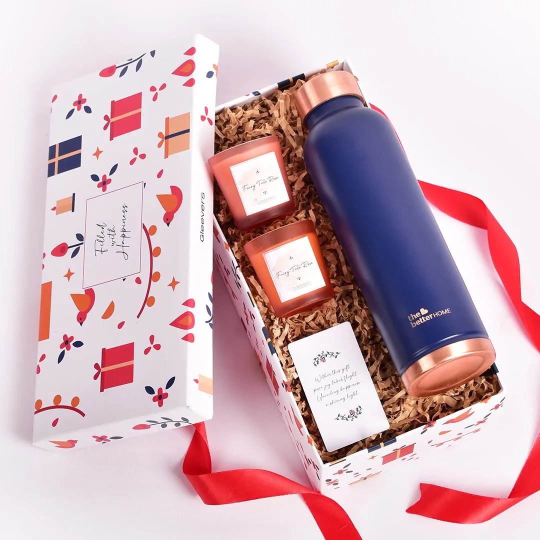 Gleevers Gift Set for Housewarming, Diwali | Gift Box Pack of 3 with Copper Bottle (Grey, 1 LTR) & 2 Candles (60gm) | Gift for Housewarming, Secret Santa Gifts