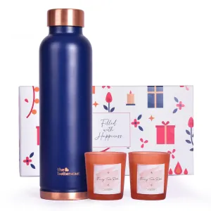 Gleevers Gift Set for Housewarming, Diwali | Gift Box Pack of 3 with Copper Bottle (Grey, 1 LTR) & 2 Candles (60gm) | Gift for Housewarming, Secret Santa Gifts