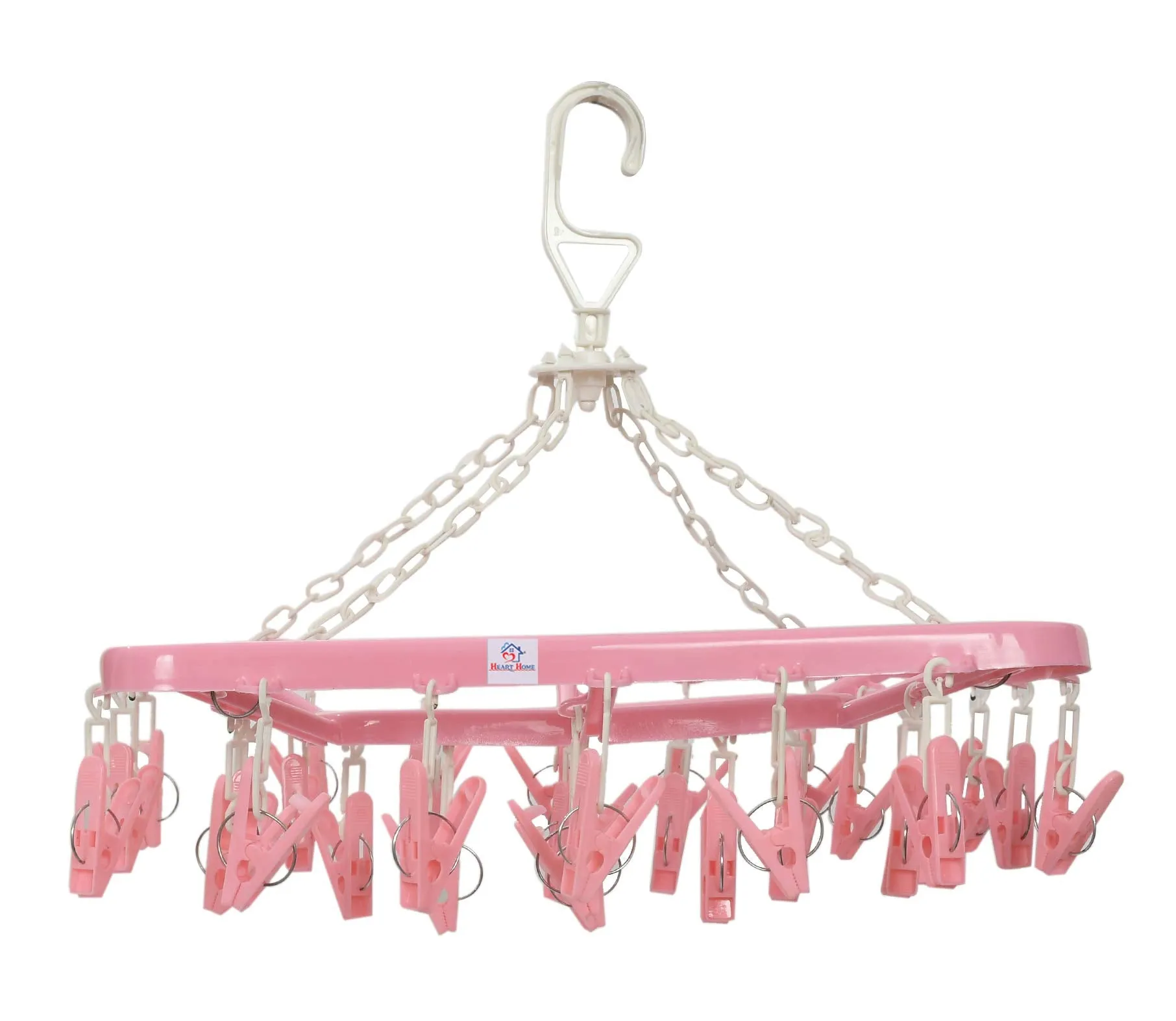 Heart Home Cloth Drying Hanger Rack (32 Clips)|360 Degree Portable & Rotatable Clips|Space Saving Travel & Durable Plastic|Size 40 x 38 x 30 CM (Pink)-HHEART15539