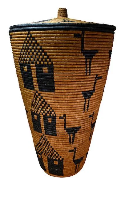 Imbuje Tall Lidded Basket with Houses by Angeline Masuku