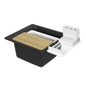 Kitchen Sink Black 1 Bowl Compact Square With Drying Rack Chopping Board