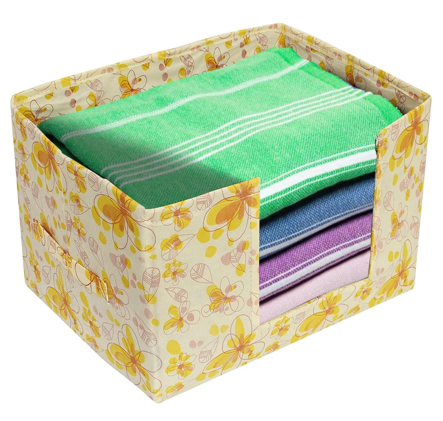 Kuber Industries Flower Printed Non-Woven Foldable Saree Stacker, Wardrobe Organizer, Storage Bin With Handle- Pack of 4 (Yellow)-HS43KUBMART26394