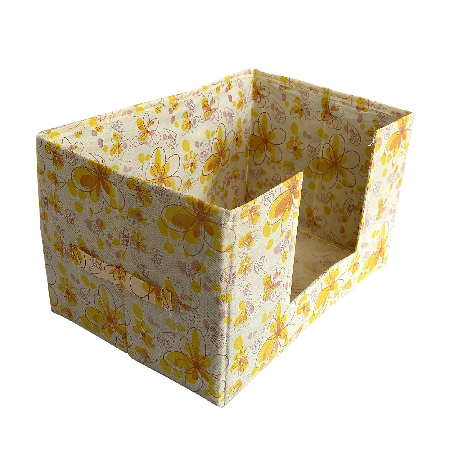 Kuber Industries Flower Printed Non-Woven Foldable Saree Stacker, Wardrobe Organizer, Storage Bin With Handle- Pack of 4 (Yellow)-HS43KUBMART26394