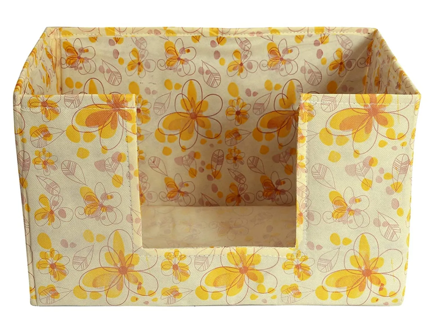 Kuber Industries Flower Printed Non-Woven Foldable Saree Stacker, Wardrobe Organizer, Storage Bin With Handle- Pack of 4 (Yellow)-HS43KUBMART26394