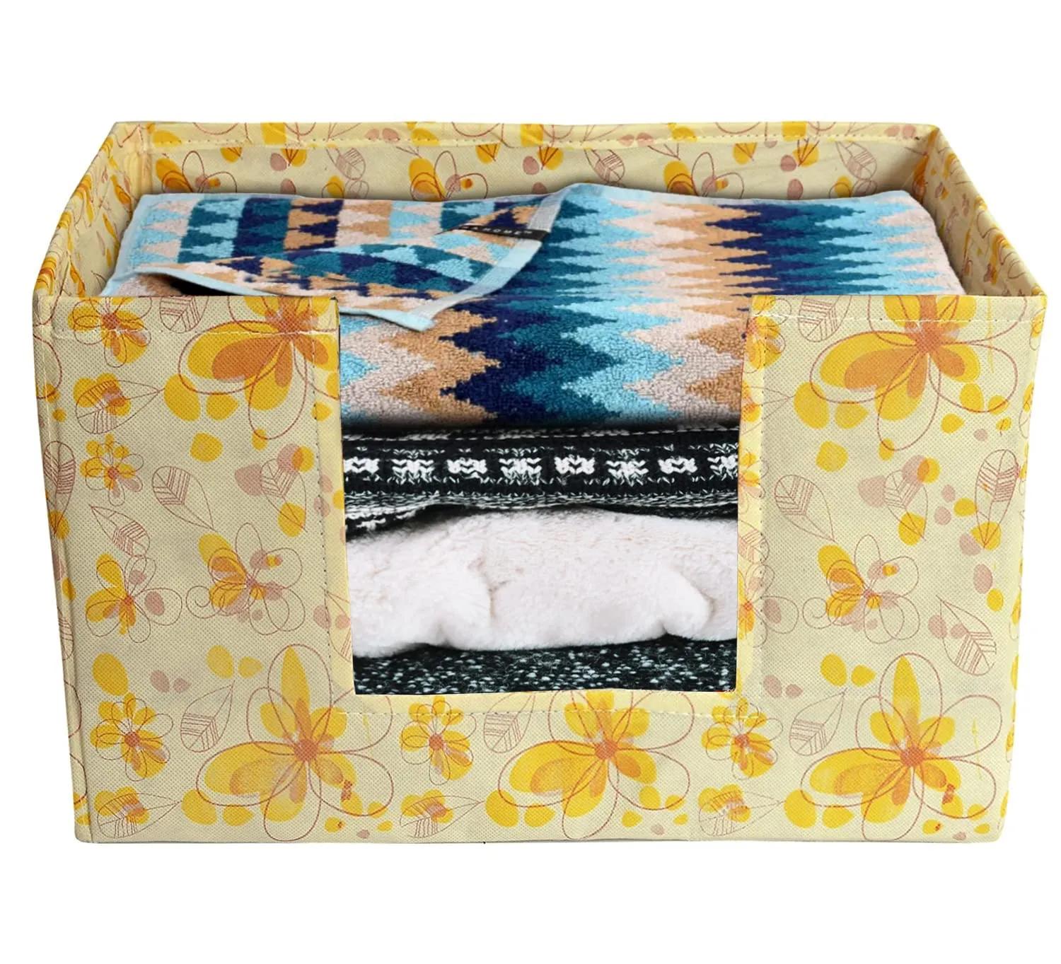 Kuber Industries Flower Printed Non-Woven Foldable Saree Stacker, Wardrobe Organizer, Storage Bin With Handle- Pack of 4 (Yellow)-HS43KUBMART26394