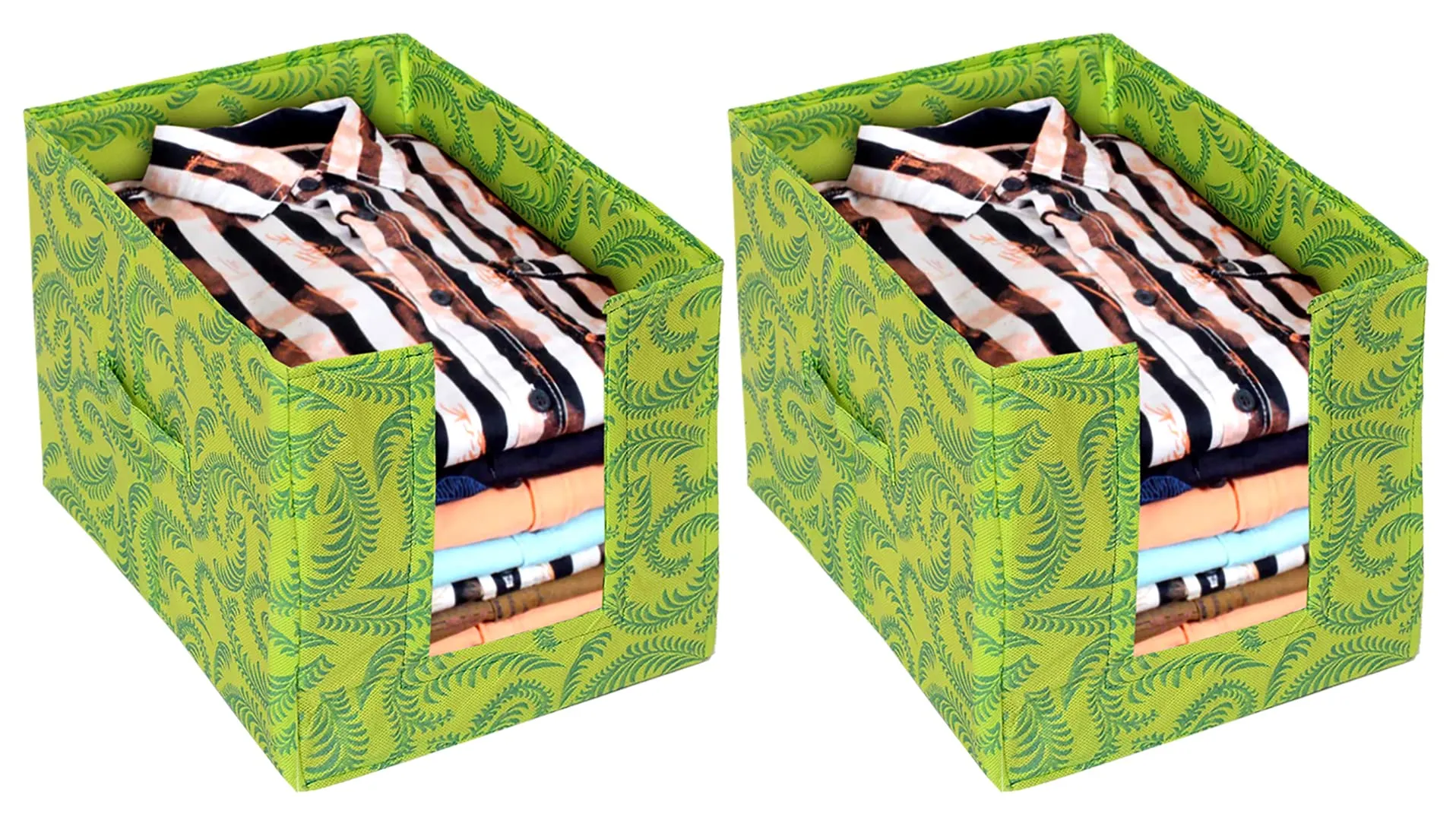 Kuber Industries Leaf Printed Non-Woven Foldable Shirt Stacker Closet Organizer With Handles- Pack of 2 (Green)-HS43KUBMART26468