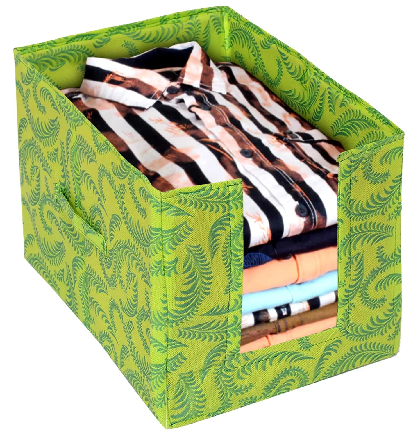 Kuber Industries Leaf Printed Non-Woven Foldable Shirt Stacker Closet Organizer With Handles- Pack of 2 (Green)-HS43KUBMART26468