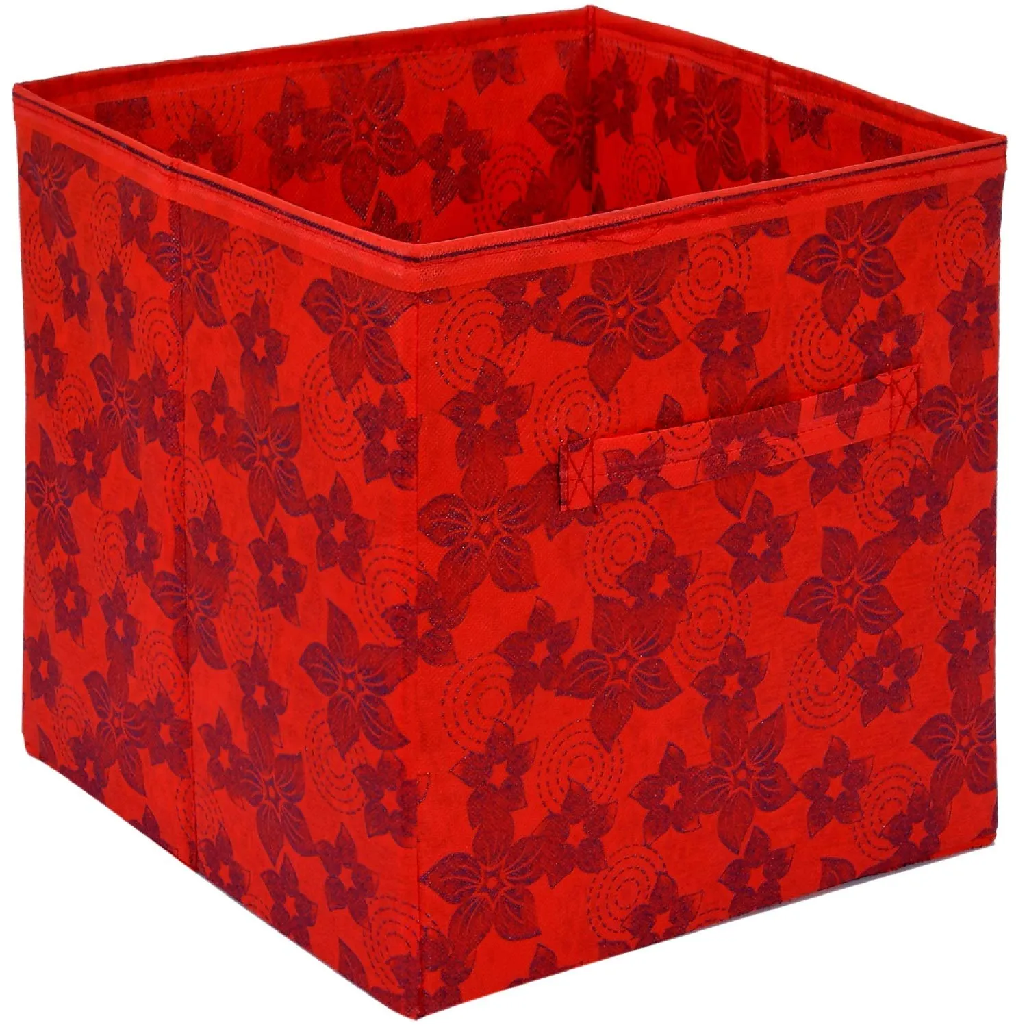 Kuber Industries Metallic Flower Printed Non-Woven Foldable Storage Bin/Cube/Organizer For Toys, Clothes And Books With Handles- Pack of 3 (Red) -HS43KUBMART26264