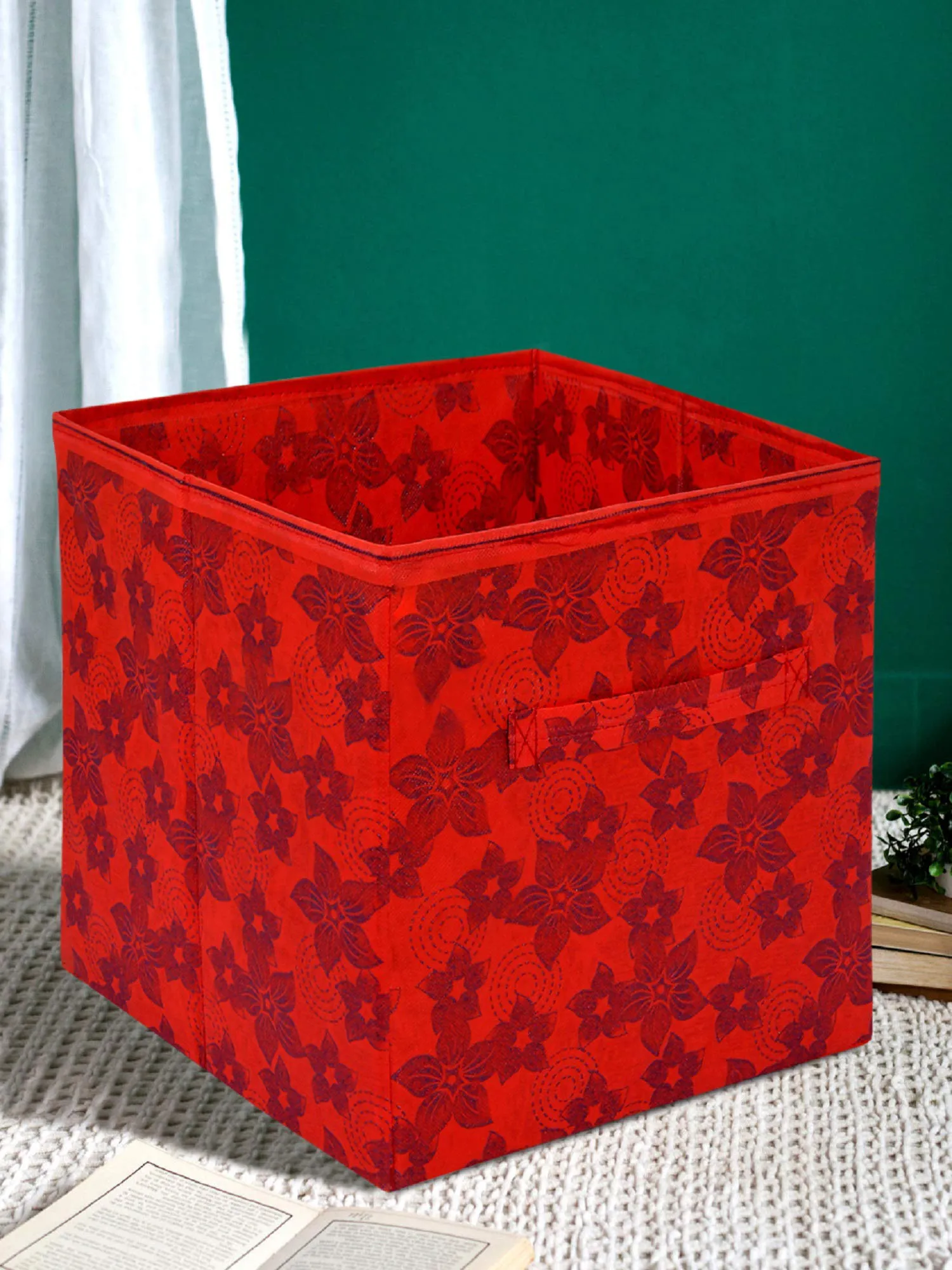 Kuber Industries Metallic Flower Printed Non-Woven Foldable Storage Bin/Cube/Organizer For Toys, Clothes And Books With Handles- Pack of 3 (Red) -HS43KUBMART26264