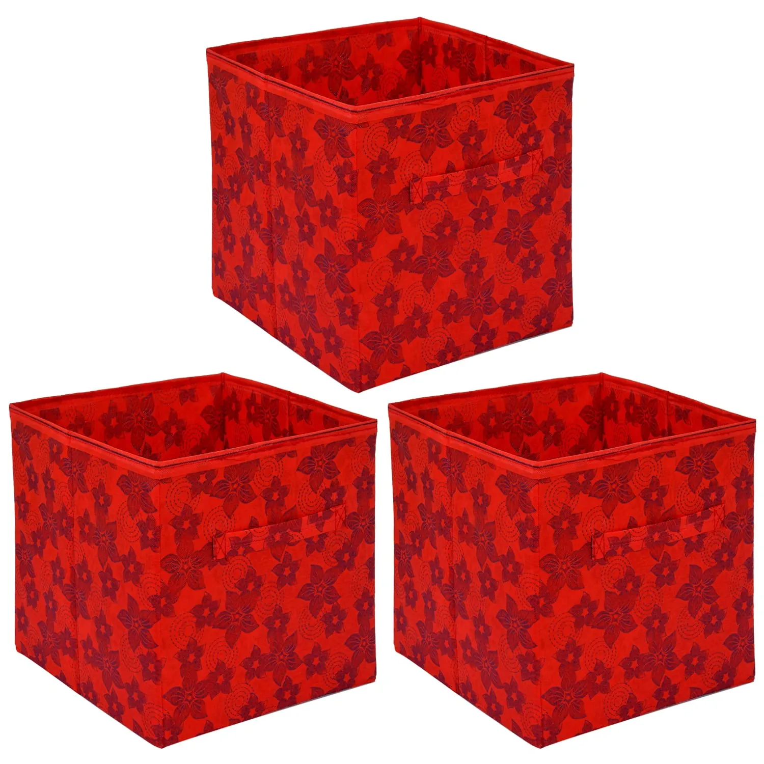 Kuber Industries Metallic Flower Printed Non-Woven Foldable Storage Bin/Cube/Organizer For Toys, Clothes And Books With Handles- Pack of 3 (Red) -HS43KUBMART26264