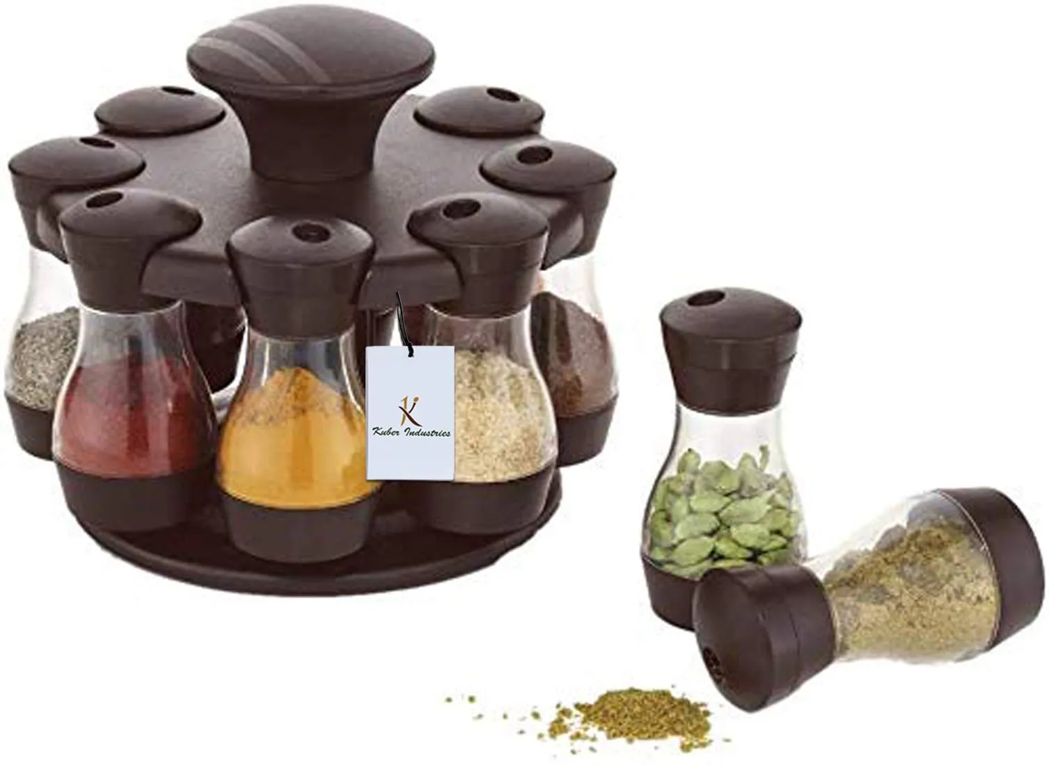 Kuber Industries Multipurpose Revolving Plastic Spice Rack 8 Pieces Masala Box/Condiment Set/Masala Boxes for Kitchent (Brown) - CTKTC030860