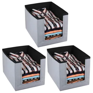 Kuber Industries Non-Woven Foldable Shirt Stacker Closet Organizer With Handles- Pack of 3 (Black & Grey)-HS43KUBMART26540