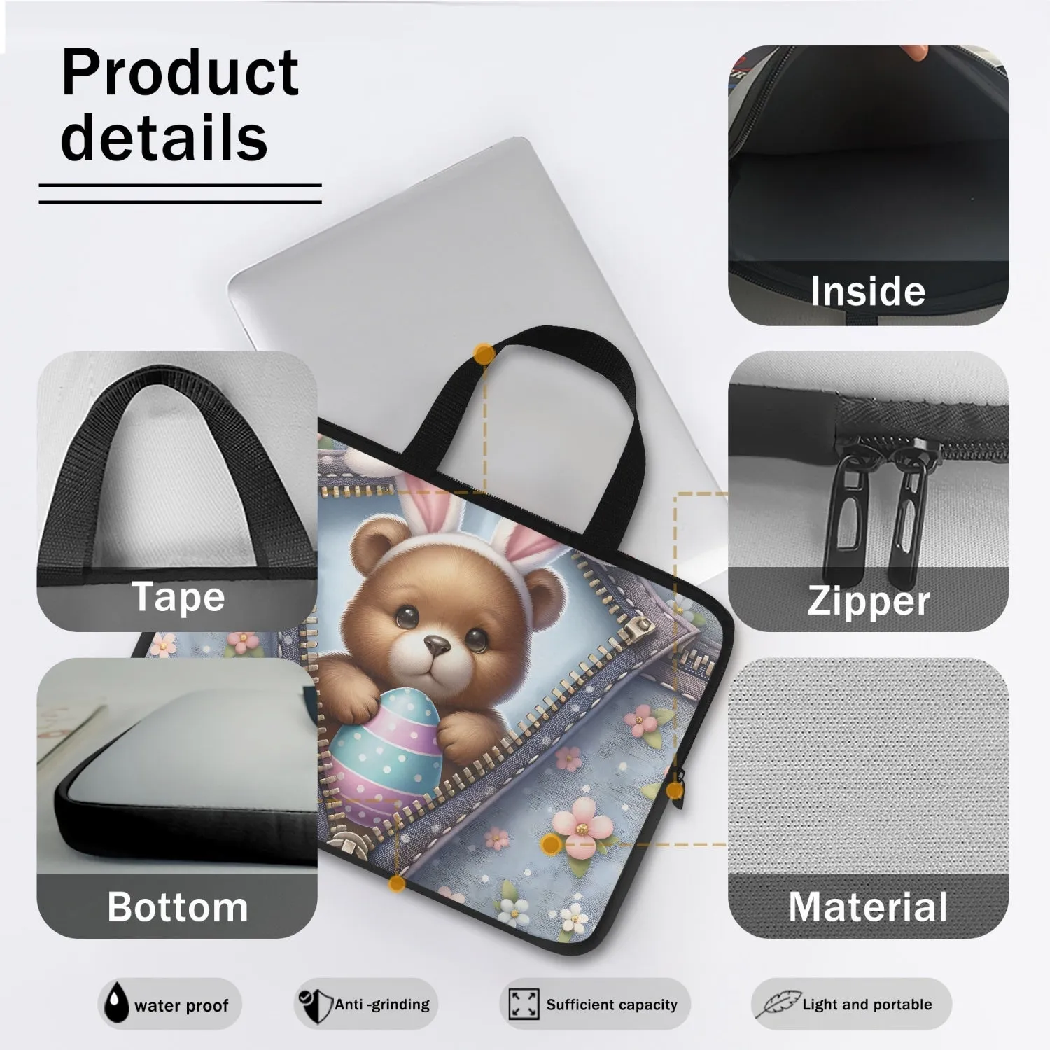 Laptop Sleeve with handles - Easter - Bear with Bunny ears