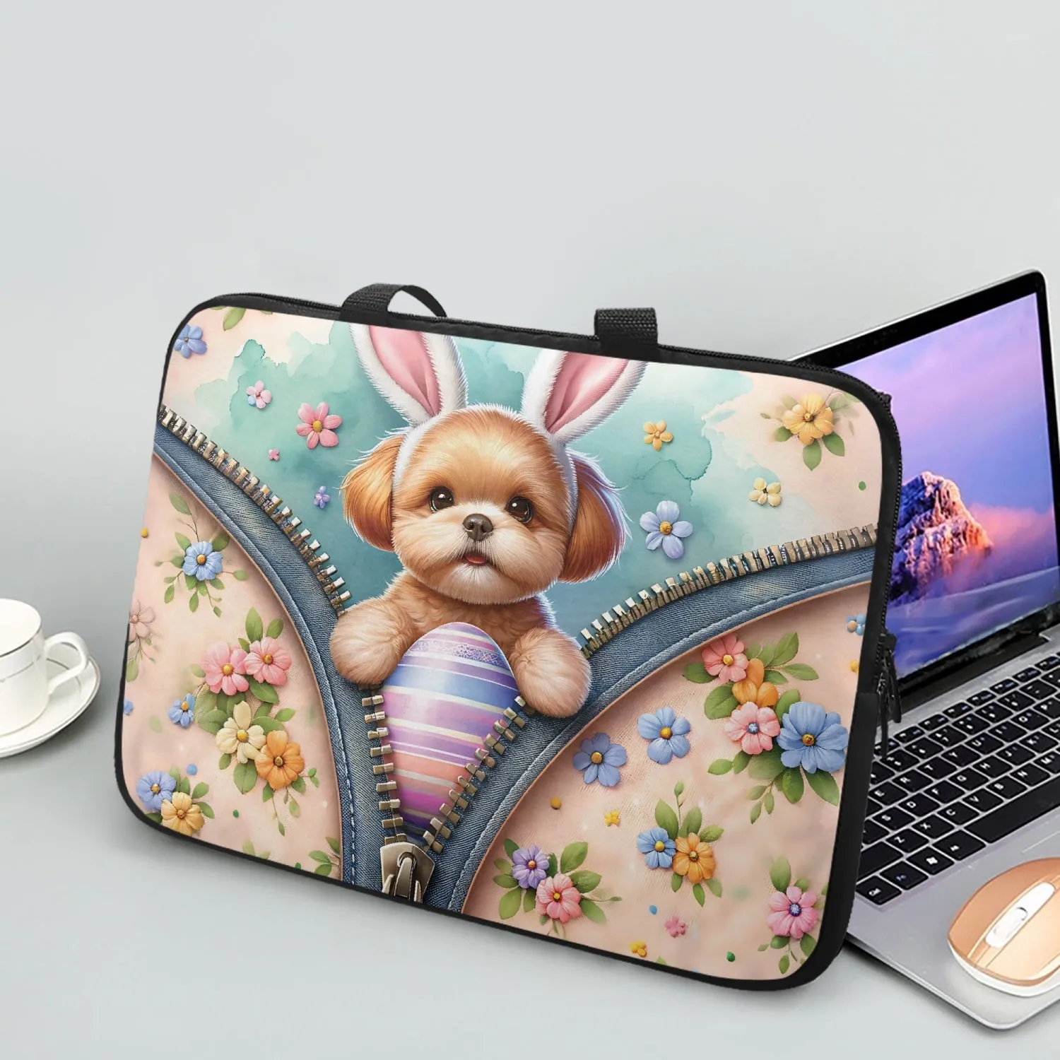 Laptop Sleeve with Handles - Easter - Dog with Bunny Ears