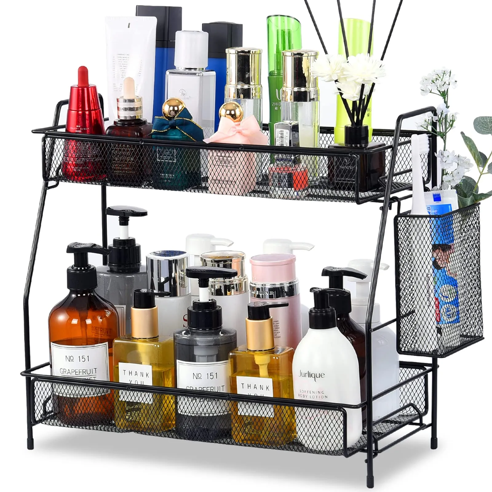 LEMIKKLE Large Countertop Organizer for Bathroom Counter, Bathroom Organizers and Storage, Under Sink Organizer Spice Rack Organizer for Kitchen with Basket(Black)