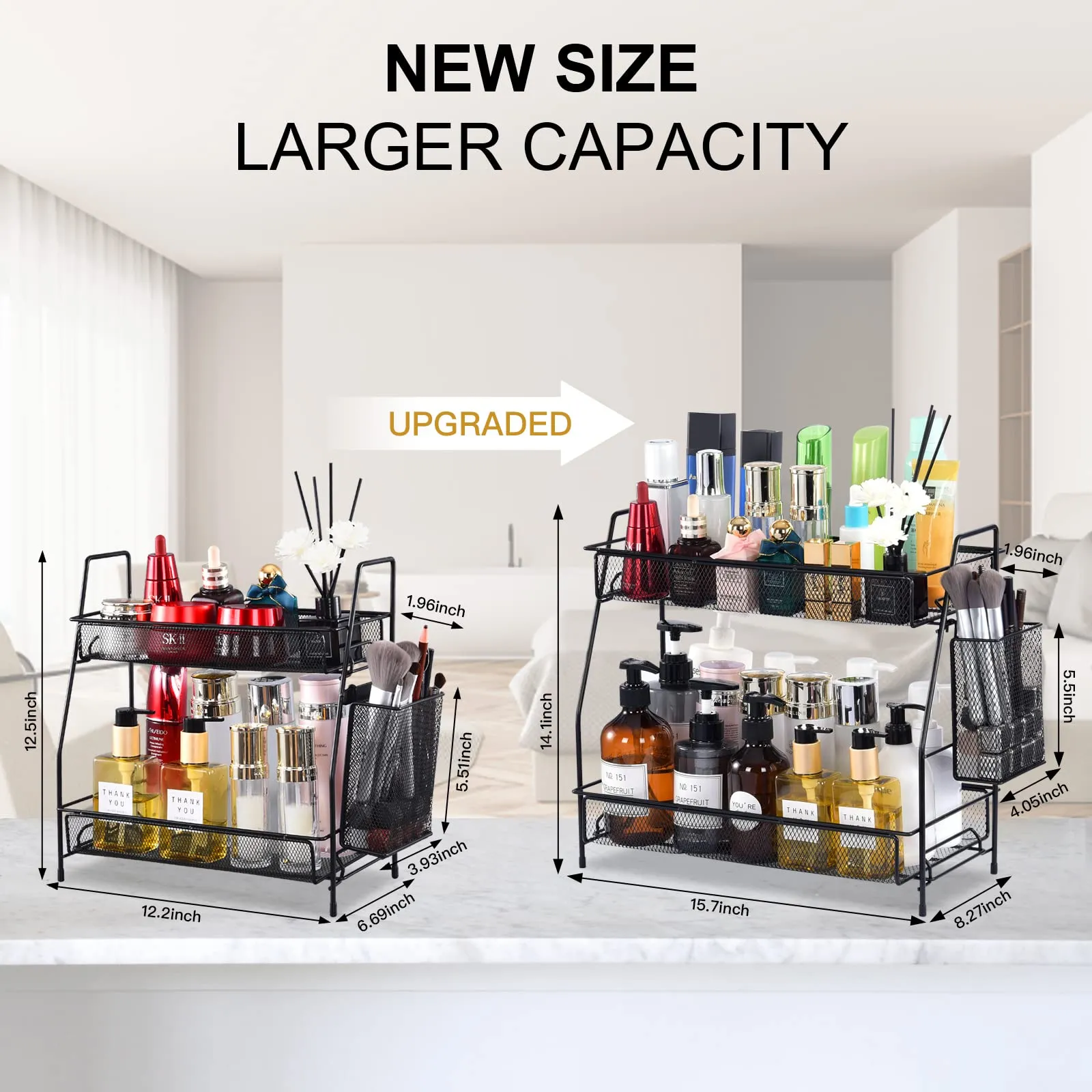 LEMIKKLE Large Countertop Organizer for Bathroom Counter, Bathroom Organizers and Storage, Under Sink Organizer Spice Rack Organizer for Kitchen with Basket(Black)