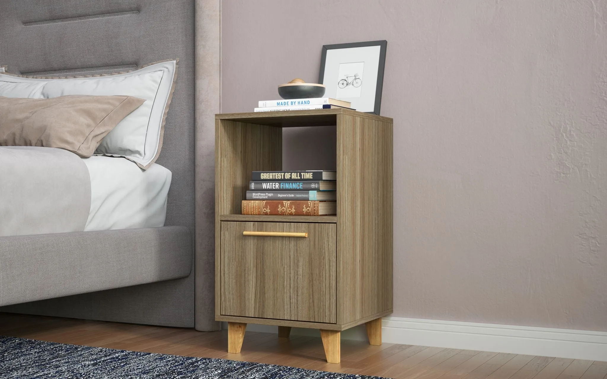 Mid-Century - Modern Herald Nightstand with 1 Shelf in Oak Brown