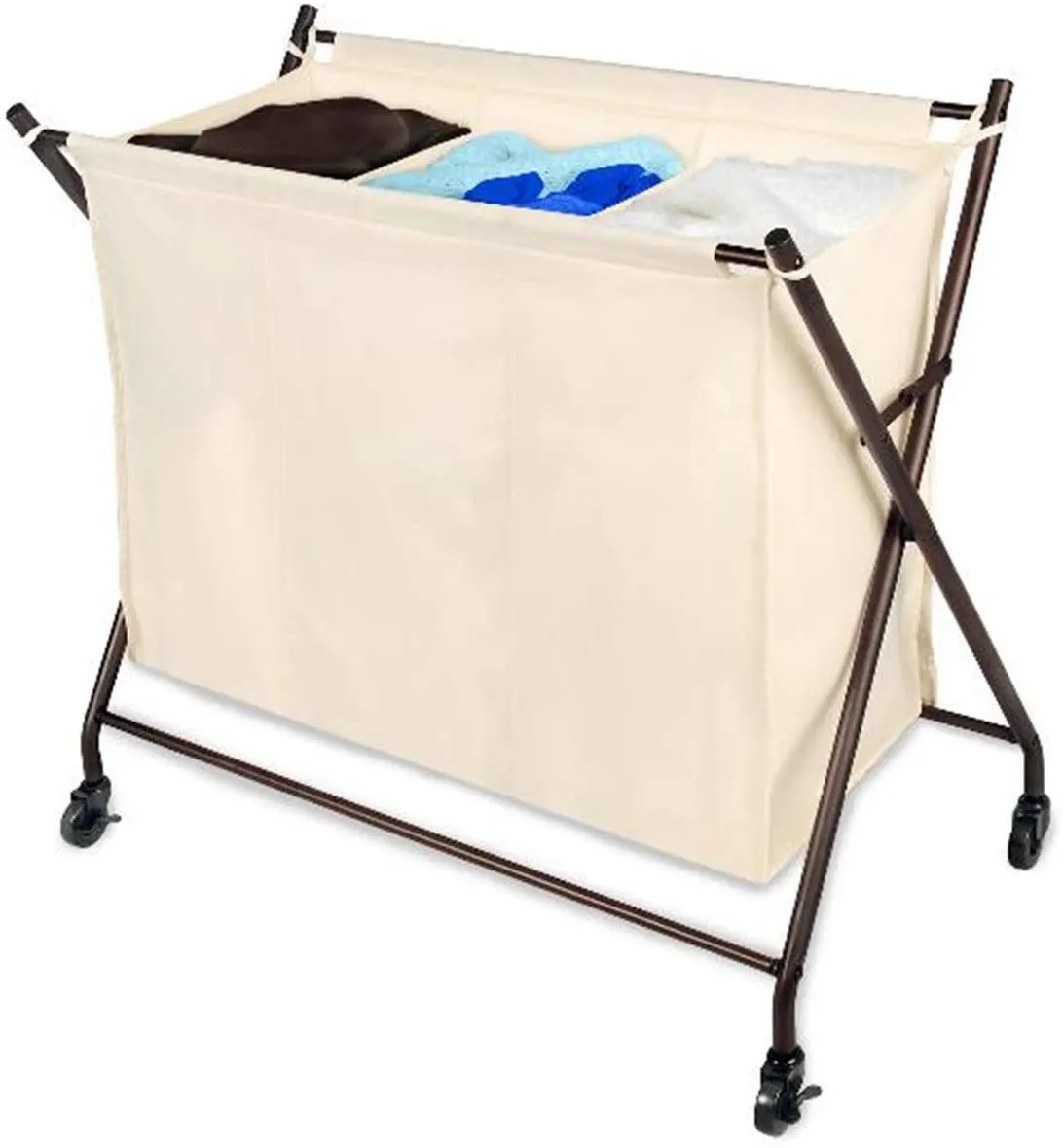 Premium 3-Compartment Rolling Canvas Laundry Sorter Hamper with Wheels and Handles - Hold 9 Loads