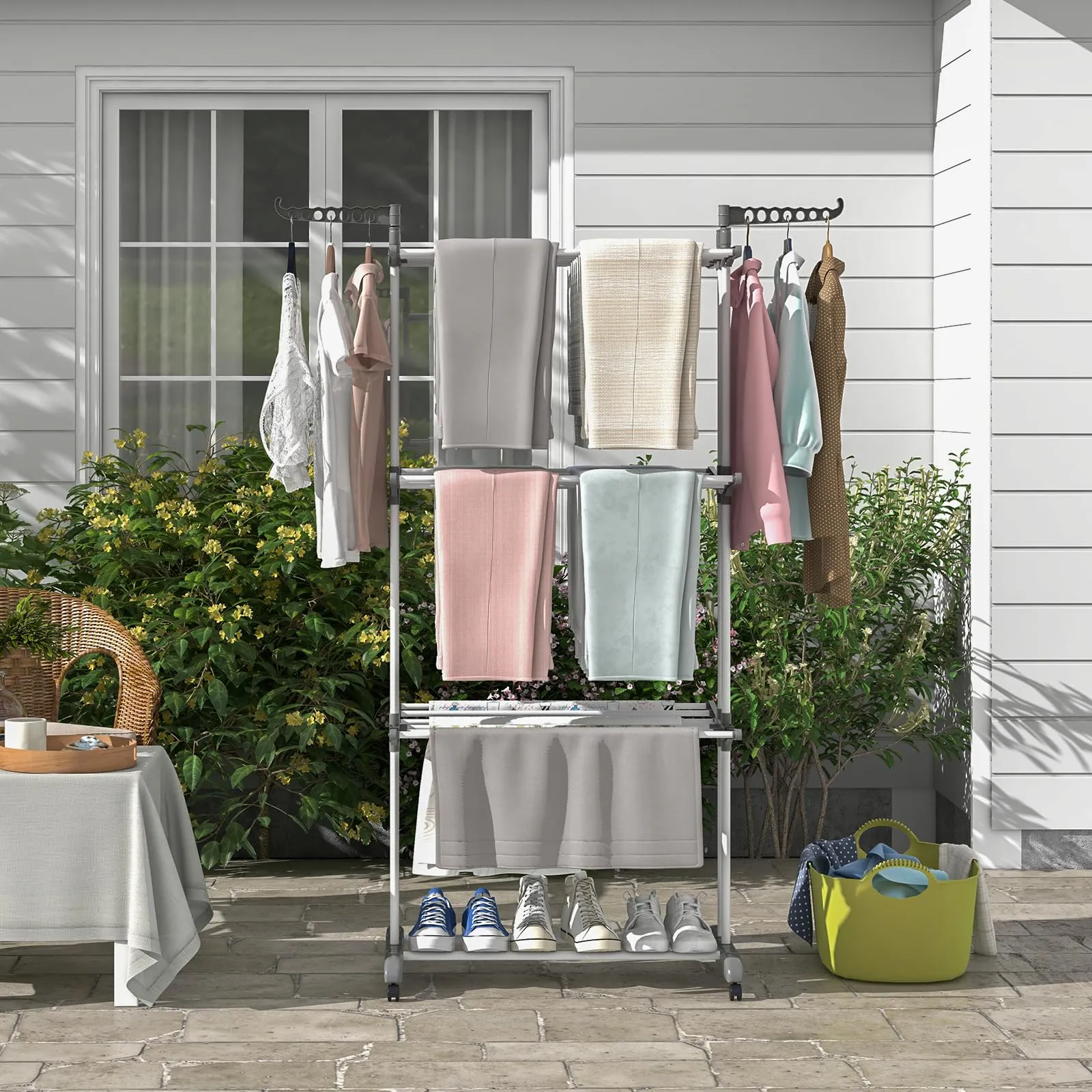 Tangkula 4-Tier Clothes Drying Rack, Collapsible Laundry Rack Stand with 2 Hanger Holders