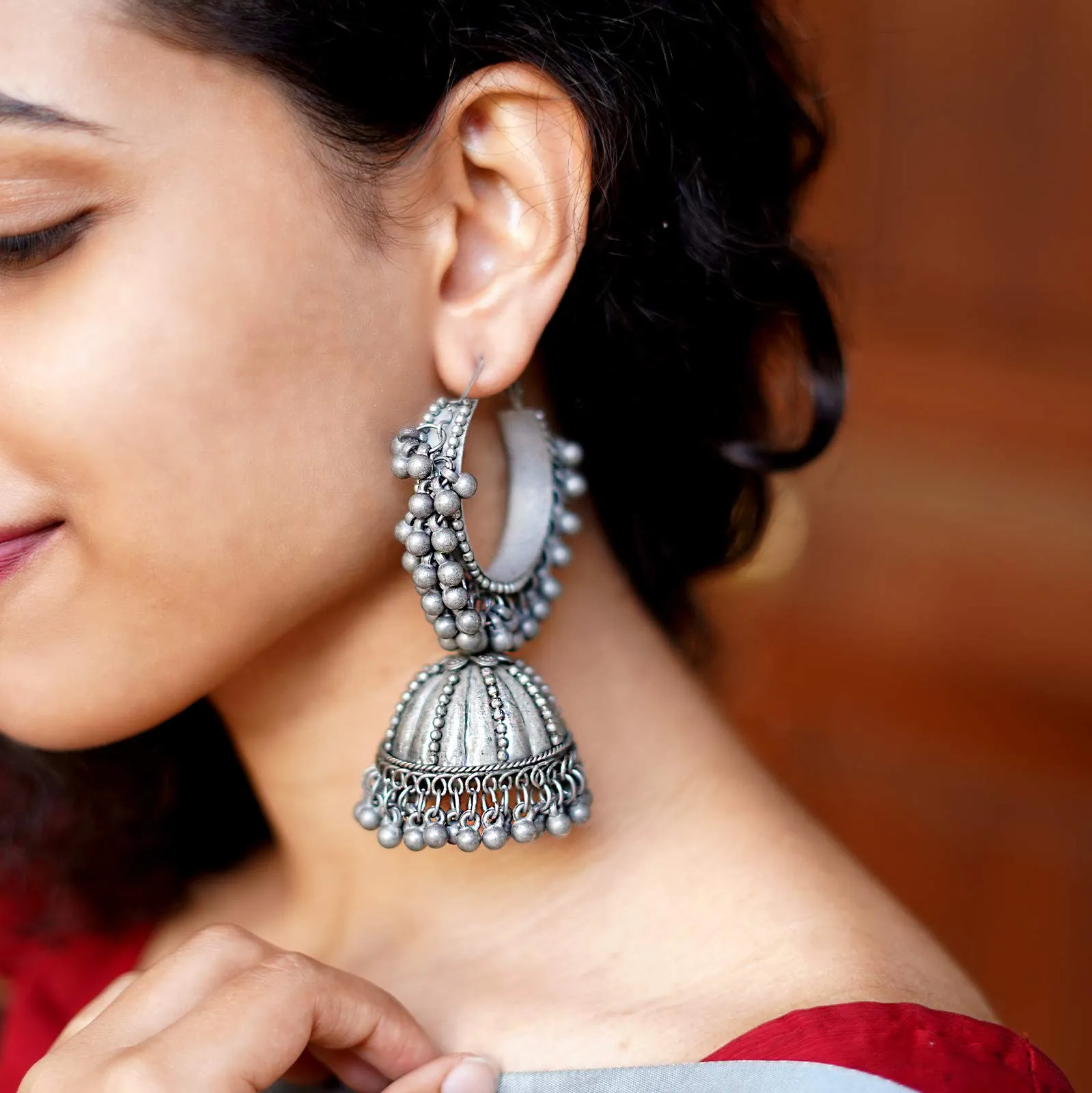 Teejh Alisha Pearl Silver Oxidised Jhumki Earrings For Women