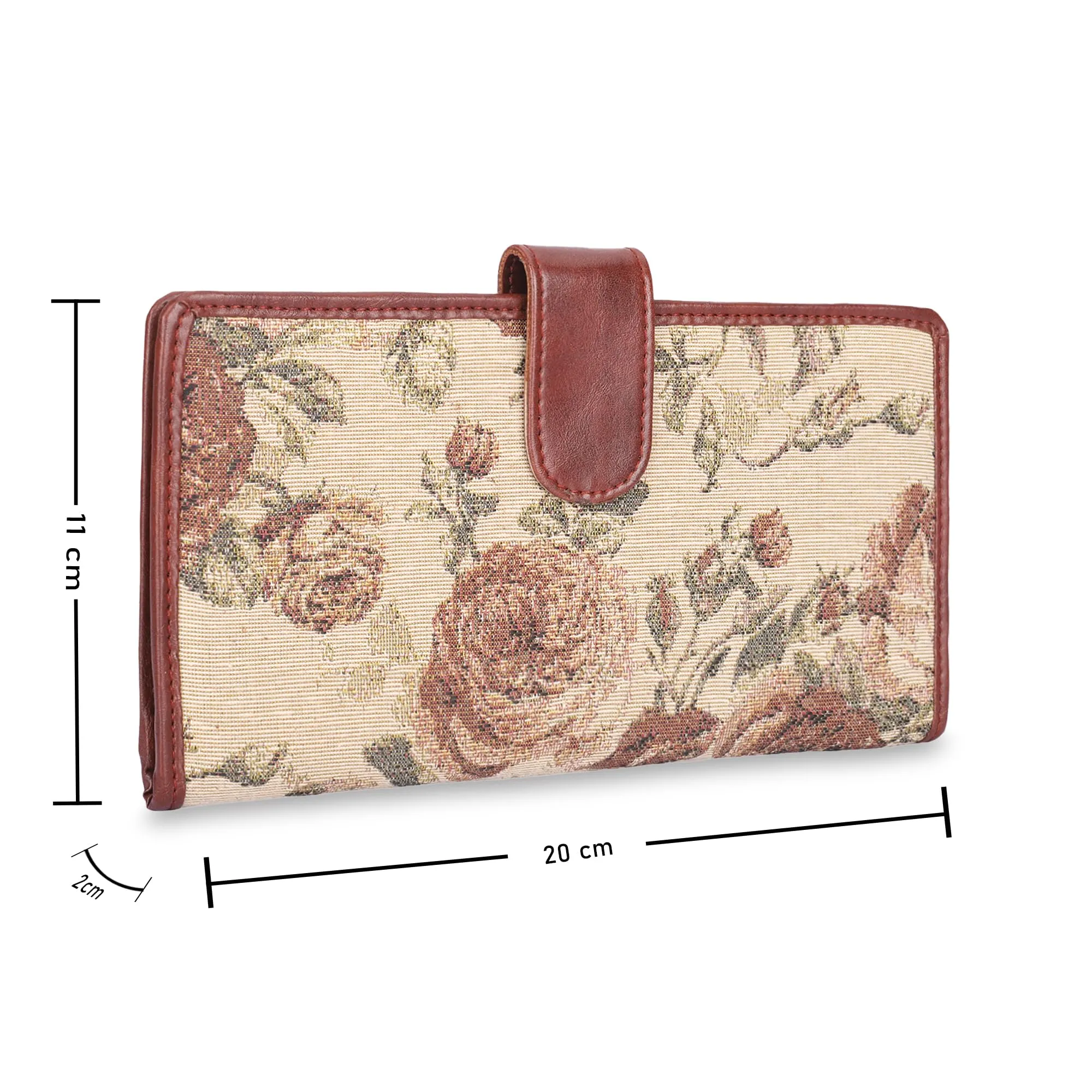 THE CLOWNFISH Voyage Vault Series Tapestry Fabric & Faux Leather Unisex Dual Passport Wallet Travel Document & Cash Organizer with Multiple Card Holder Slots & Button Flap Closure (Brown-Floral)