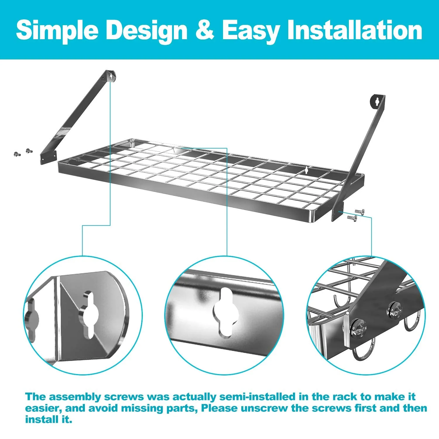 Vdomus square grid wall mount pot rack, kitchen cookware hanging organizer with 15 hooks