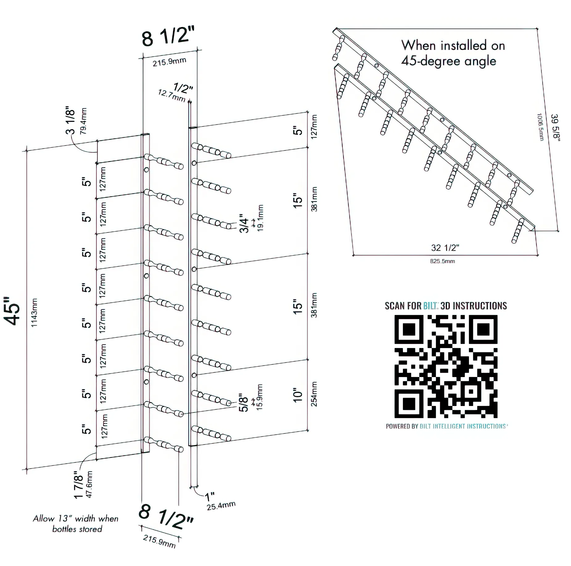 Vino Pins Flex 45° Wall Mounted Wine Rack (18 Bottles - Double Depth)