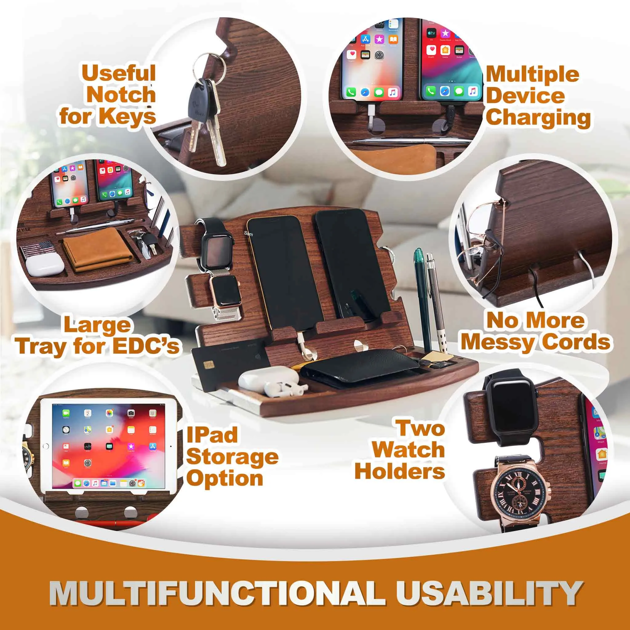 Wood Charging Station for Multiple Devices and Organizer