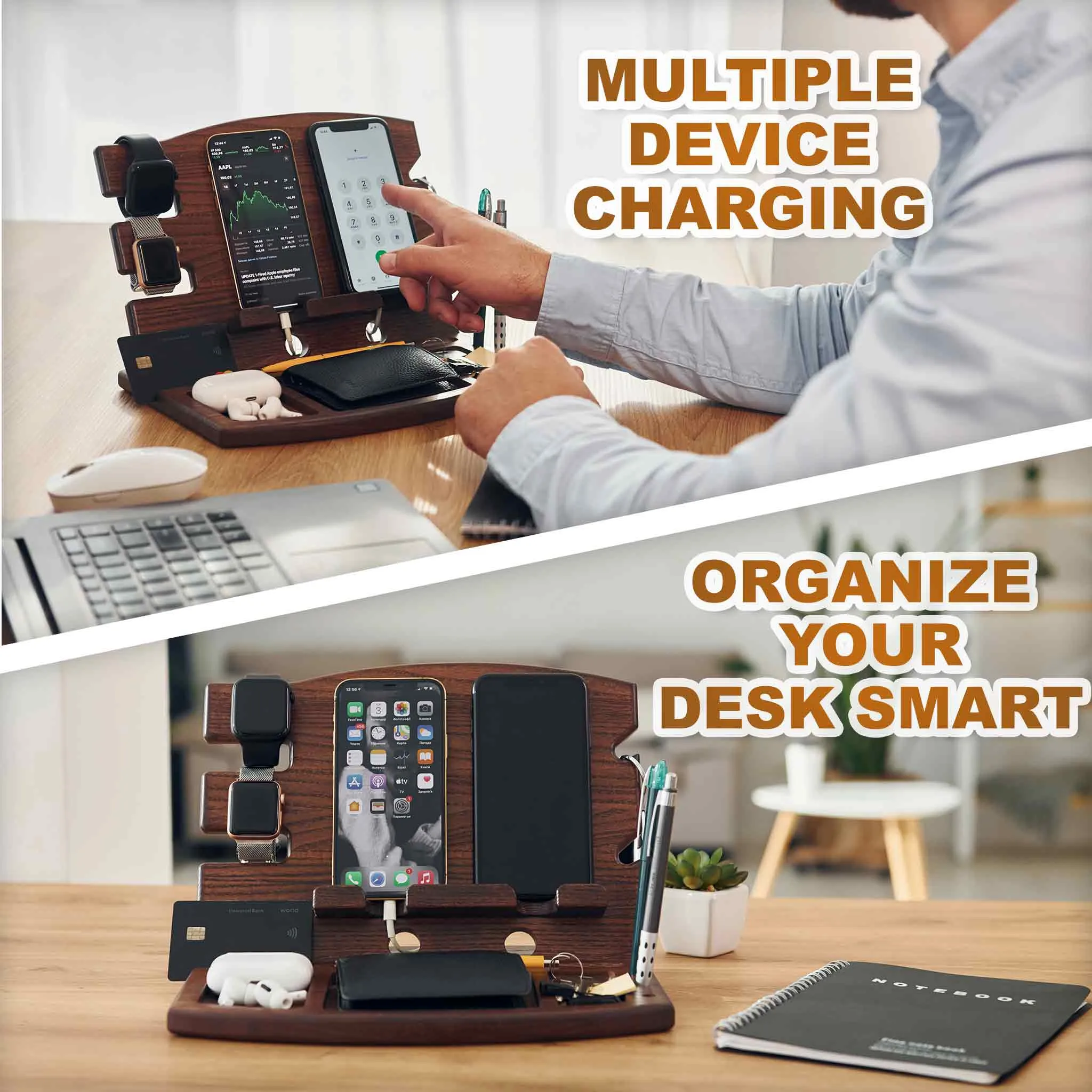 Wood Charging Station for Multiple Devices and Organizer