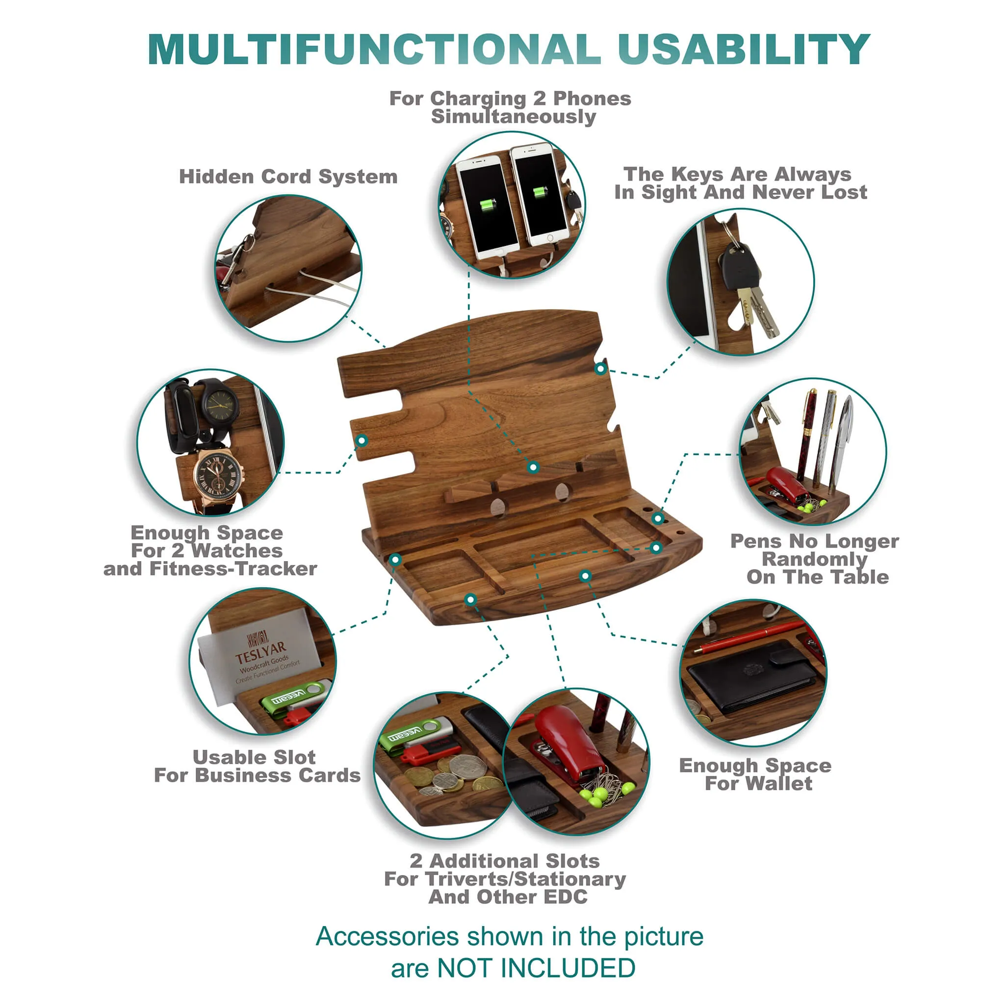 Wood Charging Station for Multiple Devices and Organizer